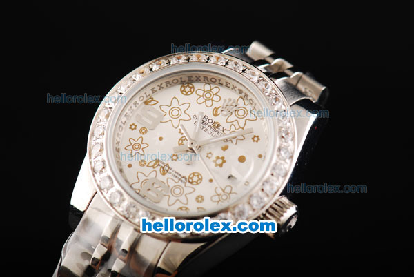 Rolex Datejust Oyster Perpetual Automatic Movement Full Steel with Flower Pattern Silver Dial and Diamond Bezel-Lady Size - Click Image to Close